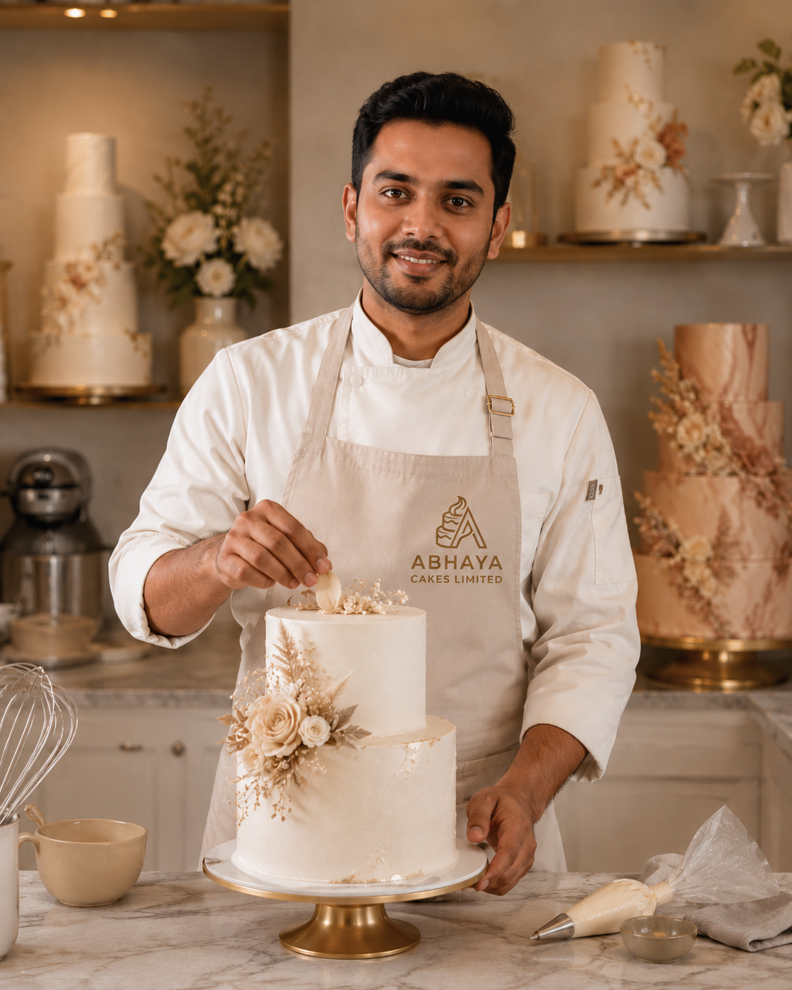 Baker decorating a cake in a studio kitchen